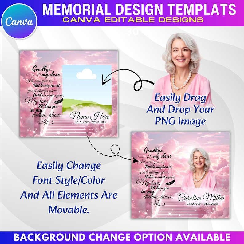 May include: A digital memorial design template with a pink sky background, featuring text that reads "Goodbye, my dear." The template allows users to easily drag and drop a PNG image, change font styles and colors, and move elements. The Canva logo is visible.
