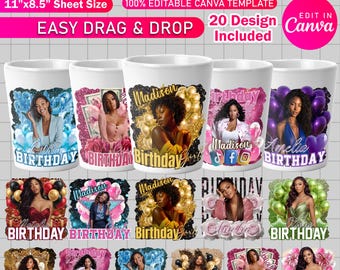 20x Styrofoam Cup Sticker Template, Editable Birthday Party Cup Template, DIY Styrofoam Cup Canva Template Custom Party Cup Digital Download