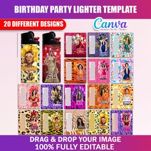 20x Birthday Lighter Template Bundle | Canva Editable Girl Birthday Party Favor Design | Animal Print Lighter Sublimation Template