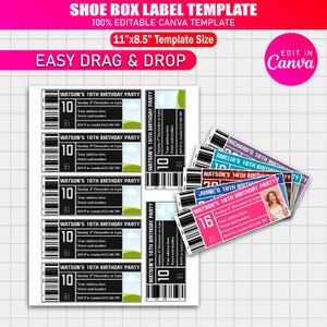 Könnte beinhalten: Eine Vorlage für Schuhkartonetiketten mit dem Text "SHOE BOX LABEL TEMPLATE" und "100% EDITABLE CANVA TEMPLATE". Die Etiketten sind für eine Geburtstagsfeier konzipiert und bieten Platz für Adresse und RSVP-Informationen. Die Vorlagengröße beträgt 27,94 cm x 21,59 cm.