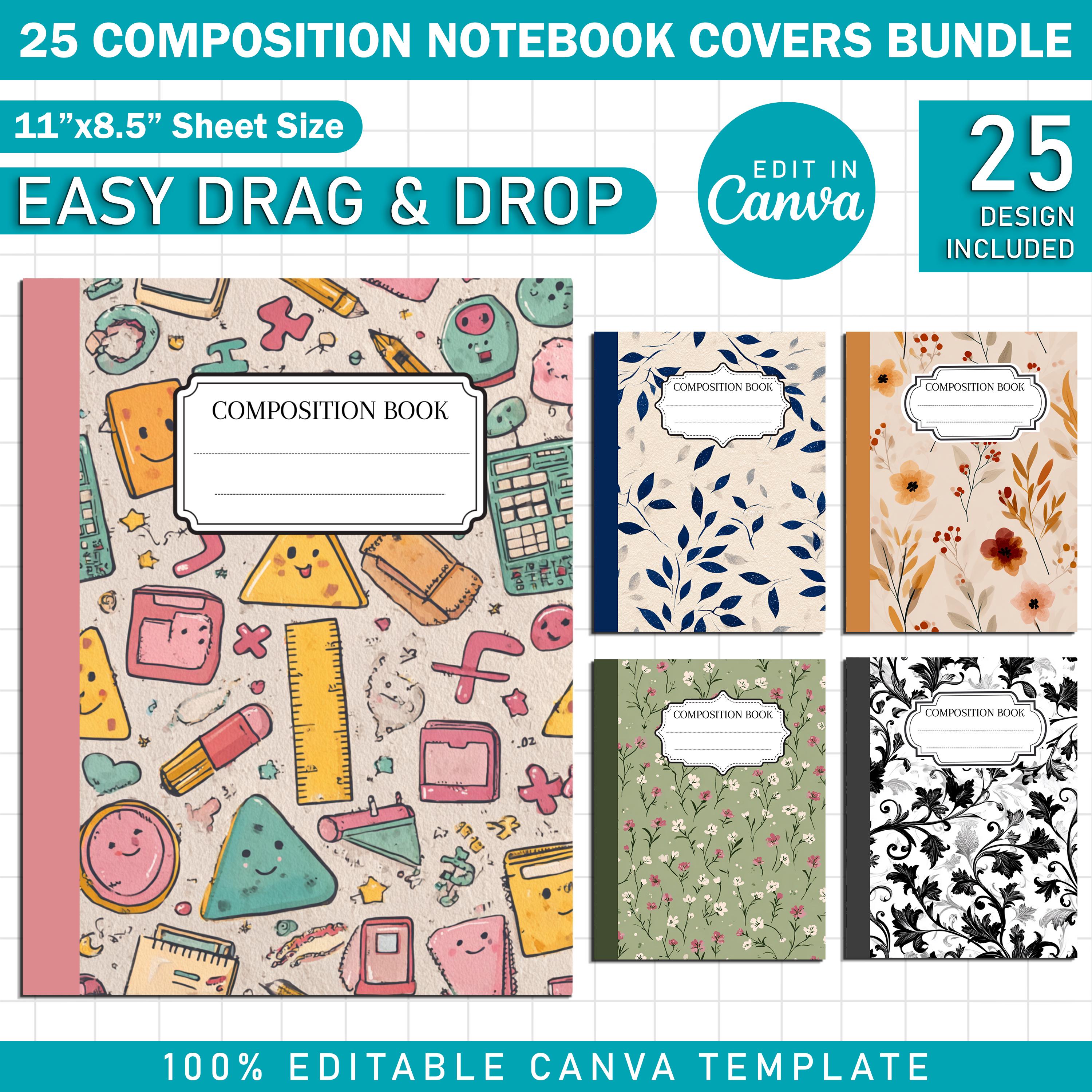 25x Composition Notebook Covers Bundle, Canva Editable Back to School ...
