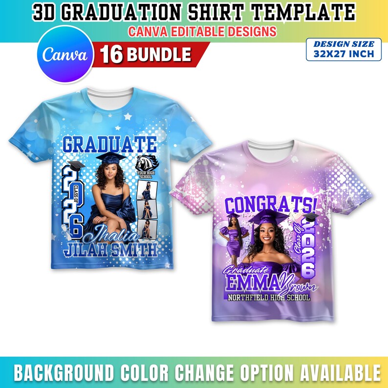 May include: Two graduation shirt templates. One shirt is light blue with a graduate design, the name Jilah Smith, and the text "Class of 2026". The other shirt is purple with the text "Congrats!" and the name Emma Brown.