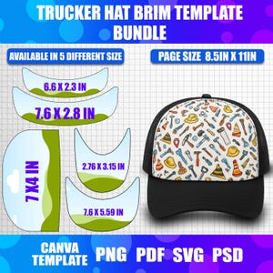 May include: A black trucker hat with a white mesh back and a brim featuring a colorful pattern of tools and construction equipment. The image includes templates for hat brims in various sizes, with measurements in inches.