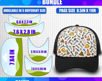 May include: A black trucker hat with a white mesh back and a brim featuring a colorful pattern of tools and construction equipment. The image includes templates for hat brims in various sizes, with measurements in inches.