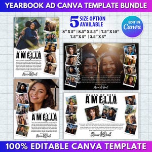 Może przedstawiać: Pakiet szablonów Canva do reklam w roczniku z pięcioma dostępnymi opcjami rozmiaru. Projekt zawiera zdjęcia absolwentów, tekst "Klasa 2026" i nazwiska oraz tekst "Mama i Tata". Szablon jest w 100% edytowalny w Canva.