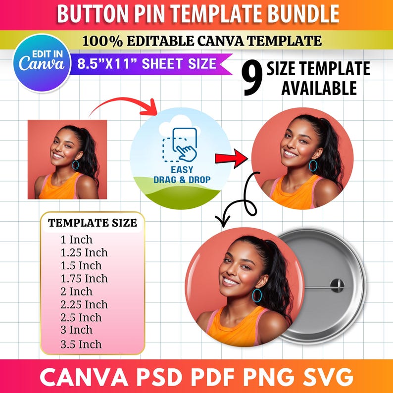 Op de afbeelding: Een button pin template bundel met de tekst "BUTTON PIN TEMPLATE BUNDLE" en "100% EDITABLE CANVA TEMPLATE". De afbeelding bevat een vrouwenportret, een button pin en een lijst met templates maten van 2,54 cm tot 8,89 cm.
