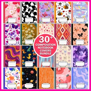 May include: A collection of composition notebooks with various colorful covers. Designs include strawberries, butterflies, geometric patterns, bees, and floral arrangements. The image features a central graphic that reads "30+ Composition Notebook Covers Bundle."