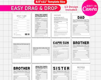 Könnte beinhalten: Eine Canva-Vorlage mit einem rosa und weißen Design, die verschiedene Nährwerttabellen-Vorlagen enthält. Die Vorlagen umfassen "Self-Care", "Healthy Chips", "Chocolate", "Dad", "Ring Pop", "Capri Sun", "Brother", "Sister" und "Mother" Nährwertangaben.