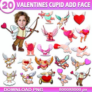Puede incluir: Un gráfico digital con 20 diseños de Cupido para el Día de San Valentín. Los diseños incluyen un niño con un disfraz de Cupido, querubines con arcos y flechas, y elementos en forma de corazón. El texto incluye "20 VALENTINES CUPID ADD FACE" y "DOWNLOAD PNG".