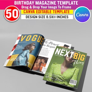 May include: Three open magazines with colorful covers. The top magazine is titled "Vogue" with a model wearing sunglasses. The second magazine is titled "The Moment We Began". The third magazine is titled "NEXT BIG THING". The design size is 8.5x11 inches.