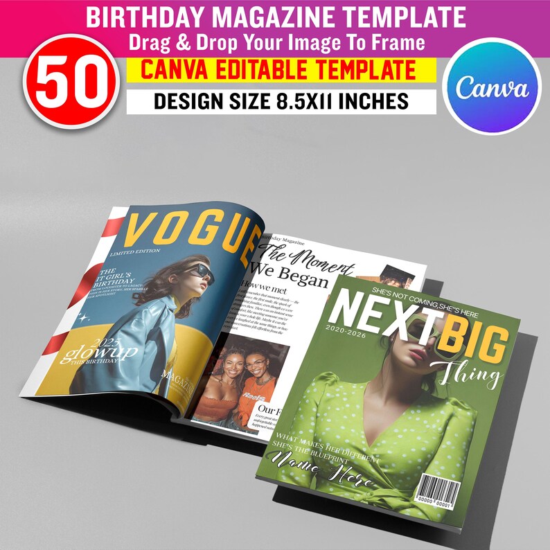 May include: Three open magazines with colorful covers. The top magazine is titled "Vogue" with a model wearing sunglasses. The second magazine is titled "The Moment We Began". The third magazine is titled "NEXT BIG THING". The design size is 8.5x11 inches.