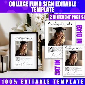 Può includere: Un cartello con cornice nera e due cartelli senza cornice con la scritta "College Funds" e una foto di una laureata sorridente. I cartelli sono nelle misure di 20x25 cm e 13x18 cm. I cartelli includono un codice QR e la scritta "Amelia Watson, Classe del 2026".