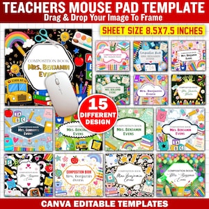 Op de afbeelding: Een muismat sjabloon met een schoolthema. Het ontwerp omvat een witte muis, een schoolbus, potloden en schriften. De tekst luidt "TEACHERS MOUSE PAD TEMPLATE" en "SHEET SIZE 21.6x19.1 cm". Er zijn 15 verschillende ontwerpen.