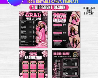 4x Graduation Package Flyer Template | DIY Graduation Bundles Marketing Design | Pink Class of 2026 Crafters Price List Canva Editable