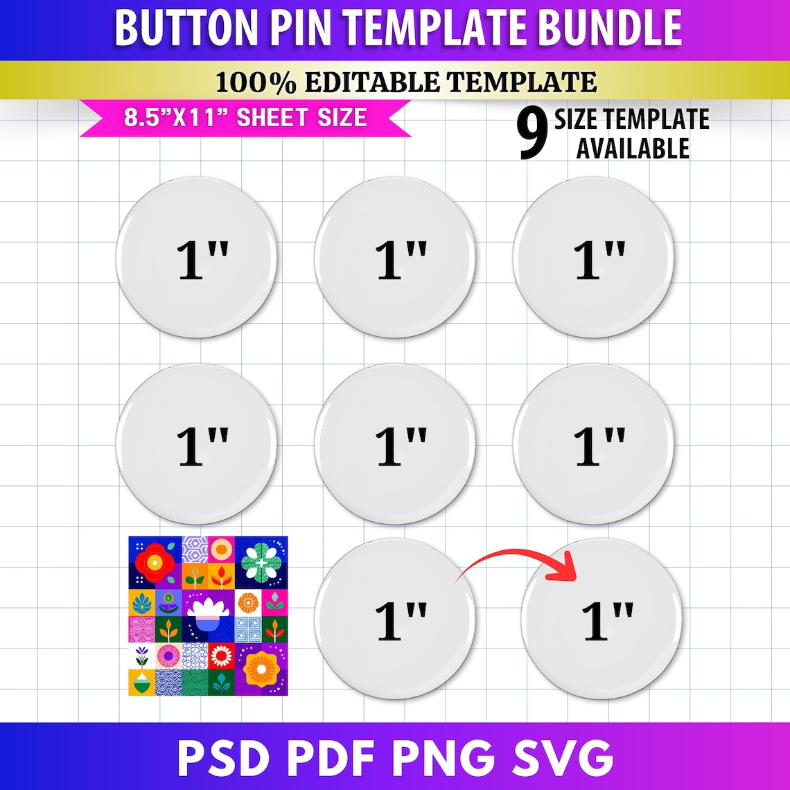 9x Button Pin Template Bundle | Editable Canva Frames | Blank Pinback ...