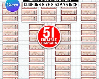 May include: A template for editable coupons with 51 designs. The sheet size is 21.6x27.9 cm, and the coupons are 21.6x7 cm. The design includes the Canva logo and the text "EDITABLE COUPONS TEMPLATE".