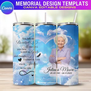 May include: Three stainless steel tumblers with white straws. Each tumbler features a sky-blue background with clouds and memorial text. One tumbler has a photo of a woman and the text "Juliana Moore 25.12.1945 - 08.11.2025". The top text reads "MEMORIAL DESIGN TEMPLATS CANVA EDITABLE DESIGNS".