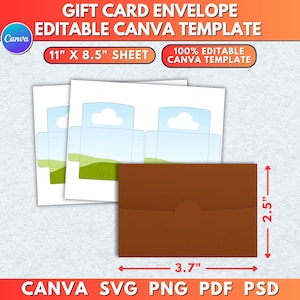 May include: A brown gift card envelope template, 3.7 inches wide and 2.5 inches high, with a curved flap. The image includes three white card templates with a landscape design and the text "GIFT CARD ENVELOPE EDITABLE CANVA TEMPLATE". The template is 11" x 8.5" and 100% editable.