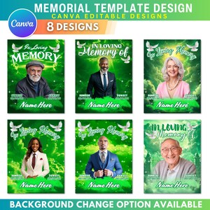 May include: A digital design template for memorial announcements. The design features the text "In Loving Memory" above portraits, with space for names and dates. The template includes 8 designs and is Canva editable.