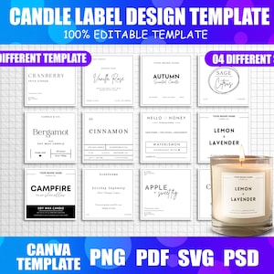 Könnte beinhalten: Eine Vorlage für Kerzenetiketten mit 12 verschiedenen Vorlagen und 4 verschiedenen Größen. Die Etiketten enthalten Texte wie "Cranberry", "Vanilla Rose", "Autumn", "Bergamot", "Cinnamon", "Hello Honey", "Lemon + Lavender" und "Campfire".