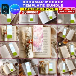 Può includere: Una collezione di libri aperti con segnalibri con un design cielo e paesaggio. L'immagine include il testo "BOOKMARK MOCKUP TEMPLATE BUNDLE" e "CANVA EDITABLE TEMPLATE". Il pacchetto include 20 modelli, disponibili nei formati PNG, JPEG e PSD.
