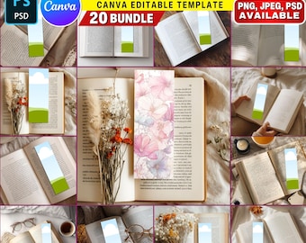 20x Bookmark in Book Mockup Bundle | Book Lover Gift Display | Printable Bookmark Template | PSD Template & Printify Mockups for Etsy