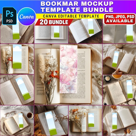 20x Bookmark in Book Mockup Bundle | Book Lover Gift Display | Printable Bookmark Template | PSD Template & Printify Mockups for Etsy