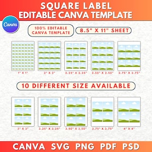 Può includere: Modello digitale per etichette quadrate, modificabile in Canva. Il design include varie dimensioni di etichette, da 2,54 cm x 2,54 cm a 10,16 cm x 10,16 cm, su un foglio A4. Disponibile in SVG, PNG, PDF e PSD.