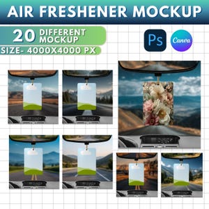 May include: Air freshener mockup with 20 different designs. The image shows several car air fresheners hanging from rearview mirrors. The designs include floral patterns and landscape scenes. The text on the image says "AIR FRESHENER MOCKUP", "20 DIFFERENT MOCKUP", and "SIZE- 4000X4000 PX".