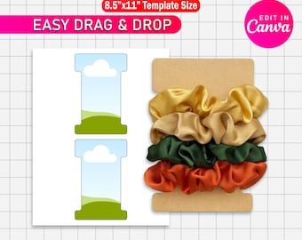 Puede incluir: Plantilla de tarjeta de exhibición de coleteros con el texto "SCRUNCHIE DISPLAY CARD TEMPLATE" y "8.5"x11" Template Size". La imagen muestra una tarjeta de exhibición con un conjunto de coleteros coloridos en dorado, verde y naranja.