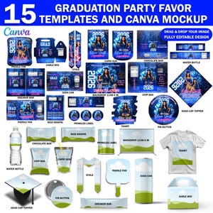 May include: A selection of 15 graduation party favour templates and Canva mockups. Designs include a paddle fan, gable box, stole, soda can, sneaker bar, chip bag, T-shirt, and more. Each design features a graduate's photo and the year 2026.
