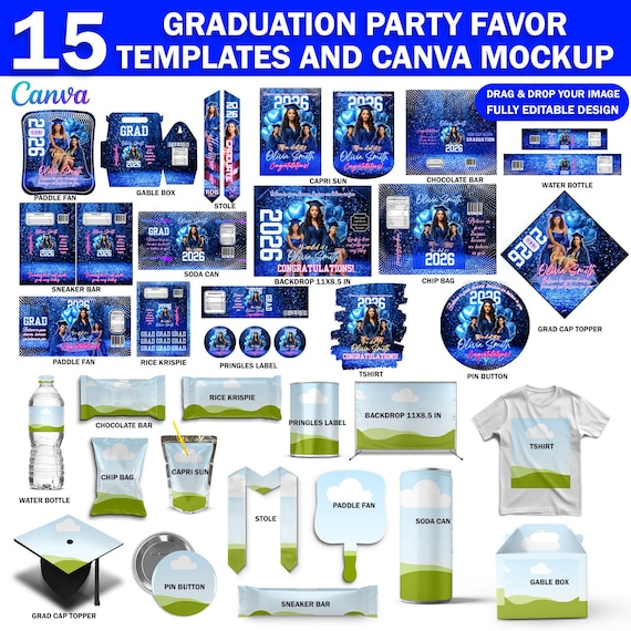 15x Editable 2026 Graduation Party Favor Templates | Mega Bundle with Mockups, Class of 2026 Grad Party Decor | Canva DIY Favors, Grad Gifts
