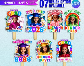 May include: A collection of seven graduation fan designs for pre-K and kindergarten students. Each fan displays a photo of a child in a graduation cap, the year 2026, and the text "Pre-K Grad" or "Kinder Grad". The sheet size is 21.59 cm x 27.94 cm.