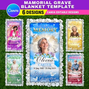 May include: Memorial grave blanket template with six designs. Each design features a portrait, name, and dates, framed with white stones. The text includes "In Loving Memory" and "Gone but not forgotten". The Canva logo is visible.