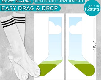May include: White hockey socks with black stripes and a blank template for design. The template is 19.5 inches tall and 10"x22" in sheet size. The image includes the text "HOCKEY SOCK JIG BLANK TEMPLATE" and "EASY DRAG & DROP".