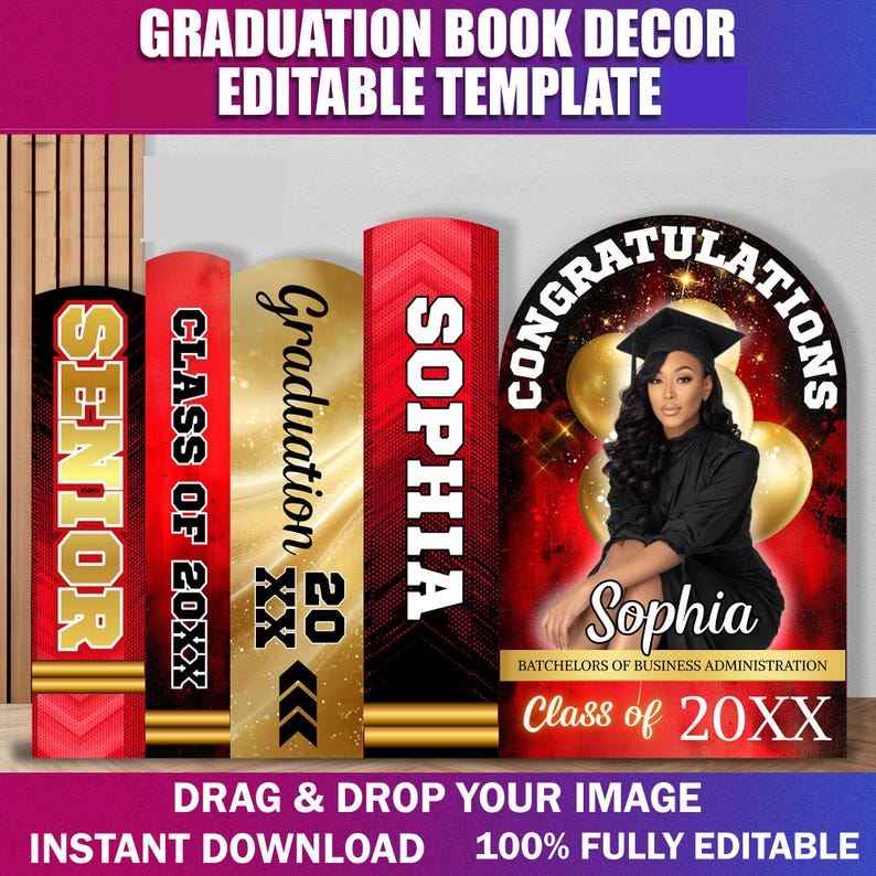 May include: Graduation book decor template with editable text. The design features red, gold, and black colors. The text includes "Senior", "Class of 20XX", "Sophia", and "Congratulations". The image includes a photo of a graduate.