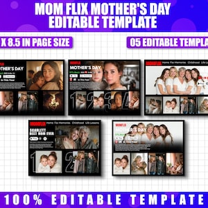 Peut inclure: Ensemble de modèles numériques pour la fête des mères, comprenant cinq designs modifiables. Chaque design comprend des images et du texte, avec les mots "MOM FLIX" et "MOTHER'S DAY". Les modèles mesurent 27,9 x 21,6 cm.
