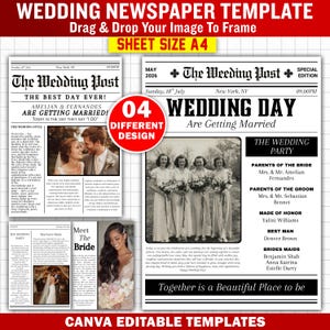 May include: A digital wedding newspaper template in A4 size featuring black text on a white background. The layout includes placeholders for photos, columns of text, and headings like The Wedding Post, Wedding Day, and Meet The Bride.
