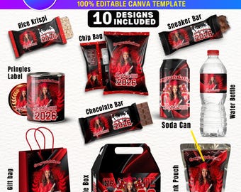 May include: A digital graduation party favor template set featuring 10 designs including labels for rice krispi treats, chip bags, candy bars, soda cans, water bottles, gift bags, gable boxes, and drink pouches with red and black themes.