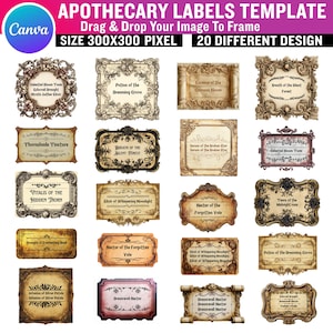 Peut inclure: Modèle d'étiquettes d'apothicaire avec 20 designs différents. Chaque étiquette a un cadre orné unique et du texte, tel que "Celestial Bloom Tonic" et "Potion of the Dreaming Grove". Les étiquettes sont conçues pour être de 300x300 pixels.