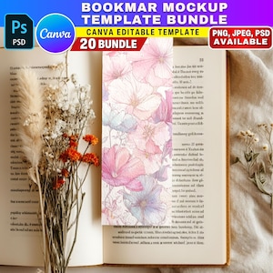 K&ouml;nnte beinhalten: Ein floraler Lesezeichen-Mockup-Vorlagen-Bundle mit einem Aquarelldesign aus rosa und lila Blumen. Das Lesezeichen wird in einem offenen Buch mit getrockneten Blumen angezeigt. Der Text auf dem Bild lautet "Bookmark Mockup Template Bundle".