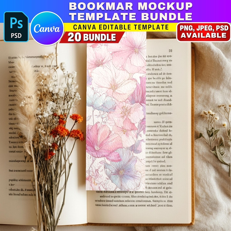 K&ouml;nnte beinhalten: Ein floraler Lesezeichen-Mockup-Vorlagen-Bundle mit einem Aquarelldesign aus rosa und lila Blumen. Das Lesezeichen wird in einem offenen Buch mit getrockneten Blumen angezeigt. Der Text auf dem Bild lautet "Bookmark Mockup Template Bundle".