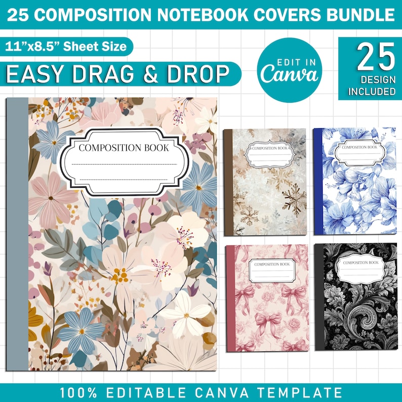 25x Composition Notebook Covers Bundle, Canva Editable Back to School ...