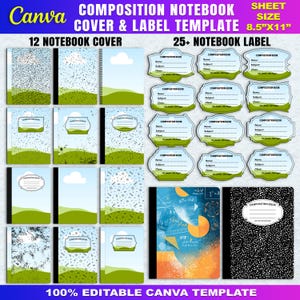 May include: A collection of composition notebook covers and labels. The covers feature various designs with green hills, blue skies, and clouds. The labels are in different shapes and sizes, with space for name, subject, and class. The sheet size is 8.5"x11".