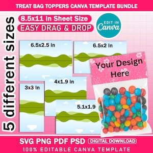 Könnte beinhalten: Ein digitales Vorlagenpaket für Tütenaufleger, mit fünf verschiedenen Größen. Das Design umfasst eine rosa Tüte mit dem Text "Your Design Here" und eine Tüte gefüllt mit bunten Süßigkeiten. Die Vorlage ist in Canva editierbar.
