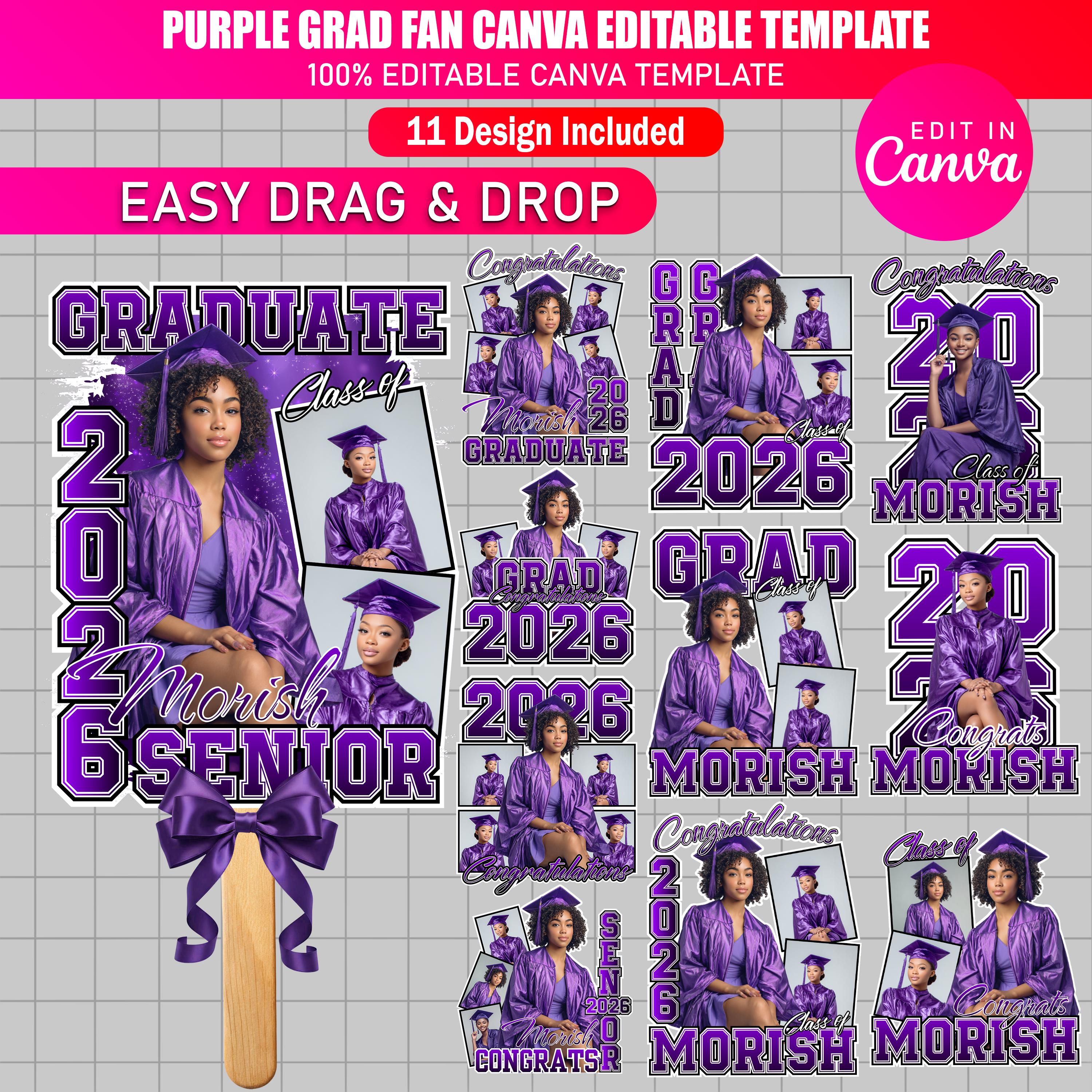 11x Purple Grad Fan Canva Editable Template, Custom Graduation Paddle ...