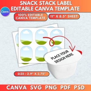 May include: A white snack container with a red accent, next to a sheet of labels featuring a sky and landscape design. The labels are 7.37 cm x 9.53 cm. The image includes the text "PLACE YOUR DESIGN HERE" and "100% EDITABLE CANVA TEMPLATE".