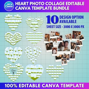 May include: A digital template bundle for heart-shaped photo collages. The design options include various heart styles, such as puzzle pieces and mosaic patterns. The text reads "Heart Photo Collage Editable Canva Template Bundle" and "10 Design Option Available".