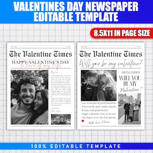 以下が含まれることがあります： 「VALENTINES DAY NEWSPAPER EDITABLE TEMPLATE」という見出しのバレンタインデー新聞テンプレート。デザインには「The Valentine Times」と「HAPPY VALENTINE'S DAY」というテキストが含まれています。テンプレートのサイズは21.59 x 27.94 cmです。