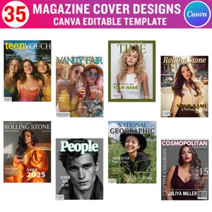Puede incluir: Una plantilla con 35 dise&ntilde;os de portadas de revistas. Las portadas incluyen "TeenVouch", "Vanity Fair", "Time", "Rolling Stone", "People", "National Geographic" y "Cosmopolitan". La plantilla es editable en Canva.